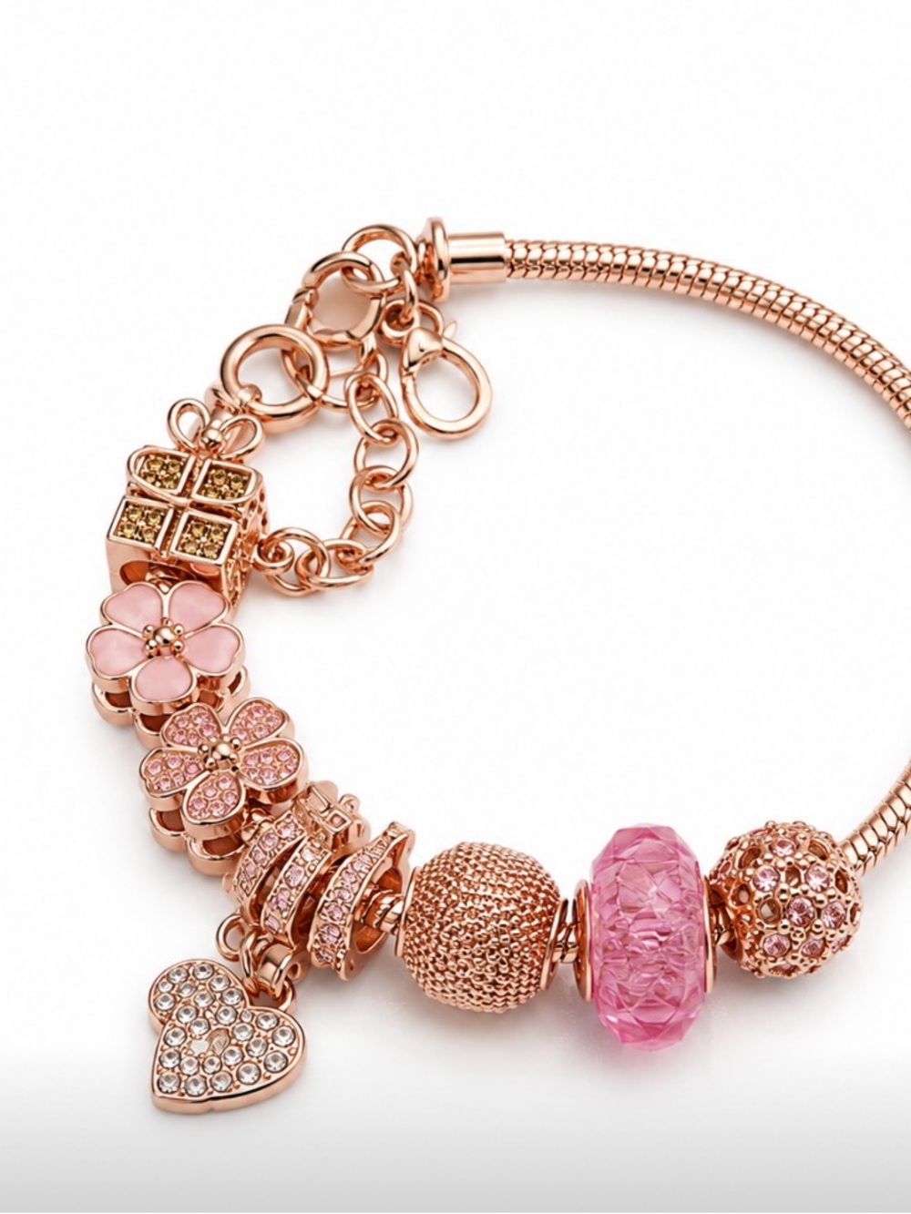 Rose Gold Bracelet with Pink Flower and Faceted Pink Bead